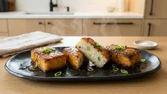 外こんがり中もっちり:海苔とねぎの大根餅、甘辛だれで香ばしく