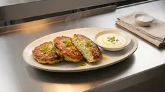 すりおろしズッキーニでしっとり、外カリッ「大豆粉お焼き」ヨーグルトソース添え